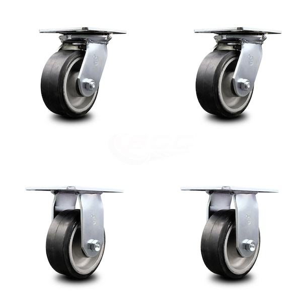 5 Inch Rubber on Aluminum Caster Set with Ball Bearings 2 Swivel 2 Rigid SCC